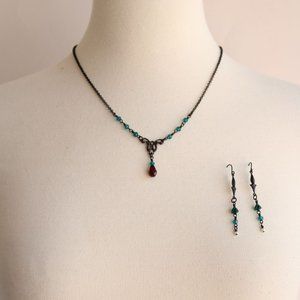 Handcrafted Necklace and Earring Set, Victorian Style, Green Beads and Black